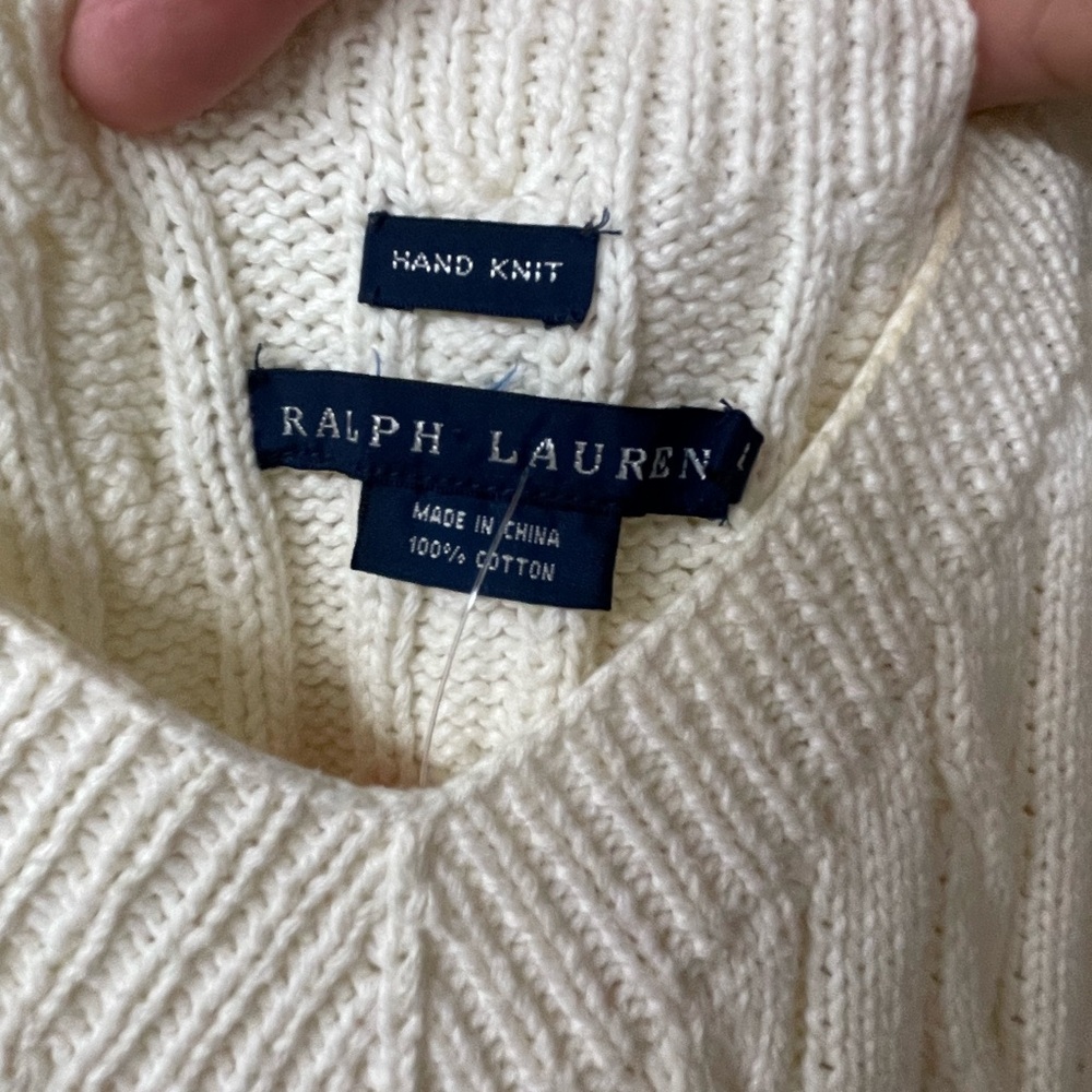 Ralph Lauren Cream V-Neck Hand-Knit Cotton Sweater